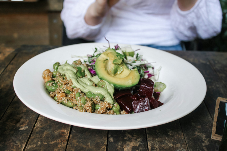 Balanced meal with protein, healthy fats, and fiber for satiety