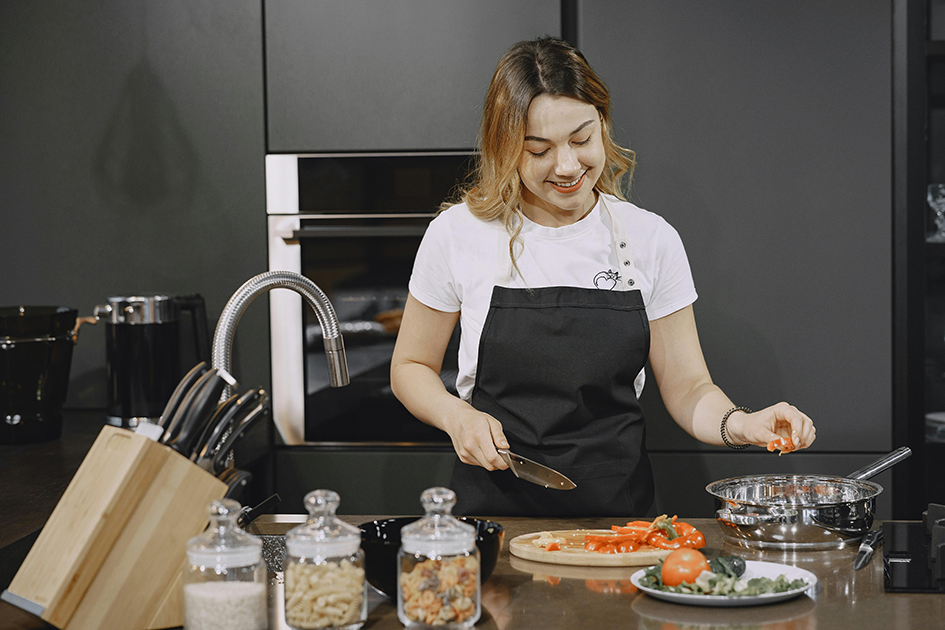 healthy woman cooking kitchen