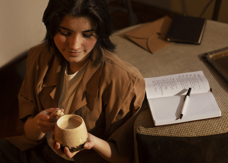Woman holding tea beside an open journal