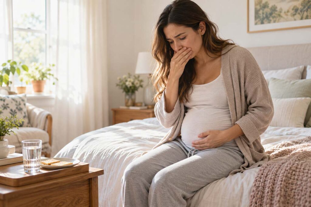 Pregnant woman resting at home while experiencing morning sickness